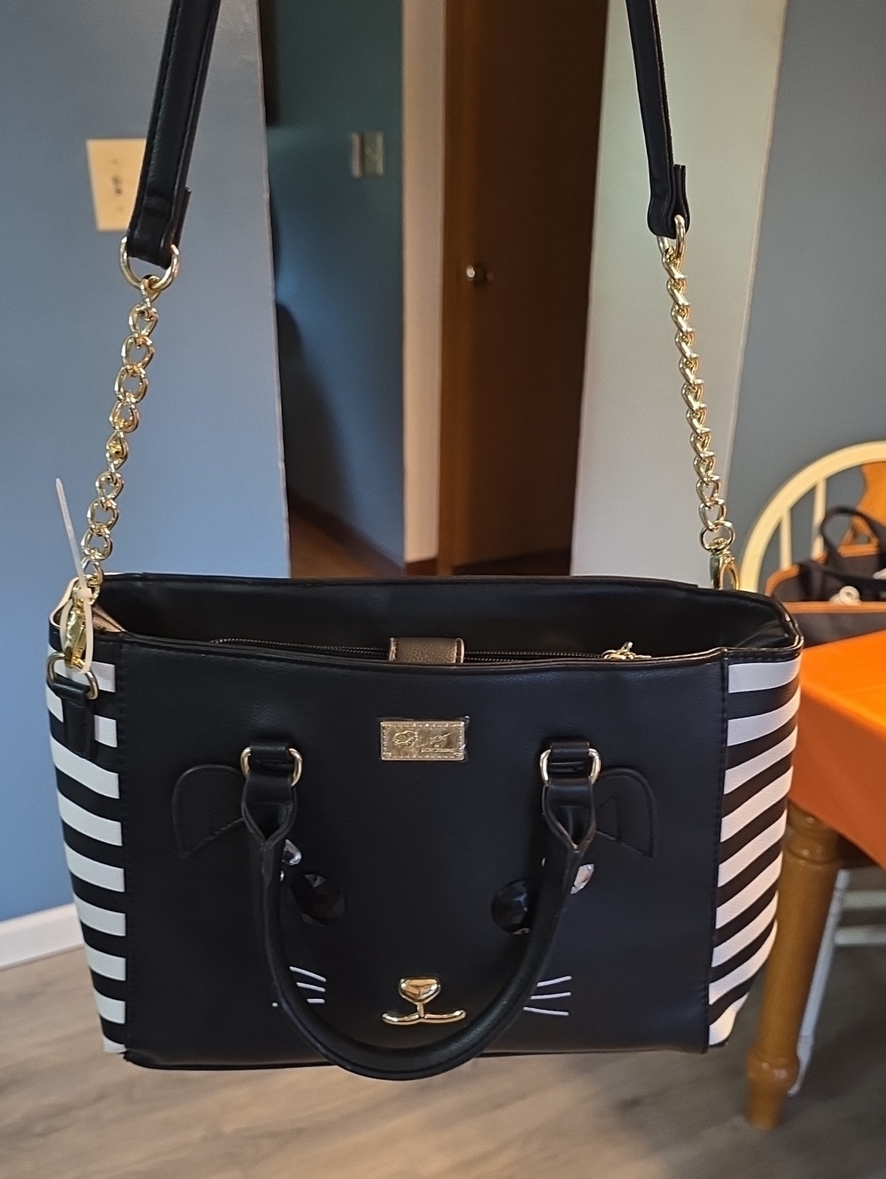 Betsey Johnson Black and White Striped Cat Tote with Gold Chain Straps